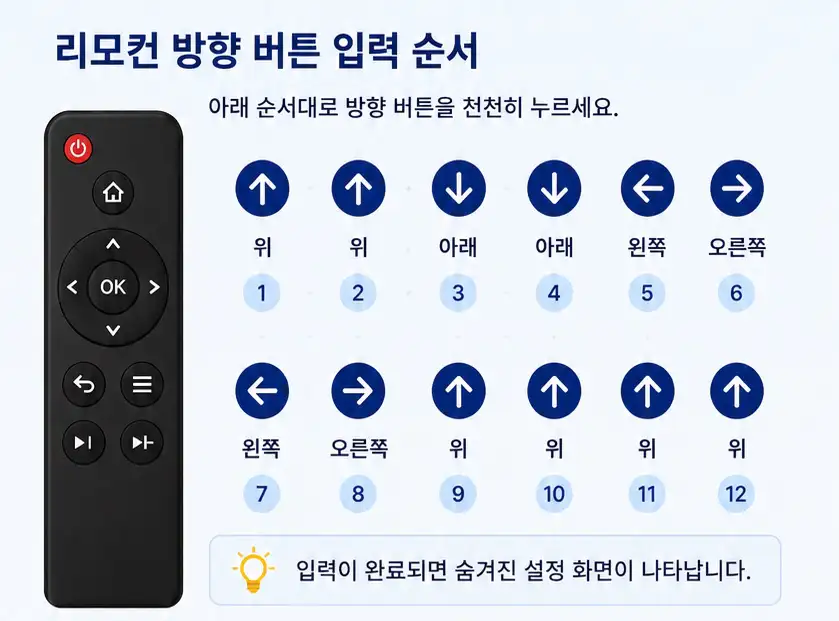 넷플릭스 숨겨진 설정 화면을 여는 TV 리모컨 방향 버튼 입력 순서