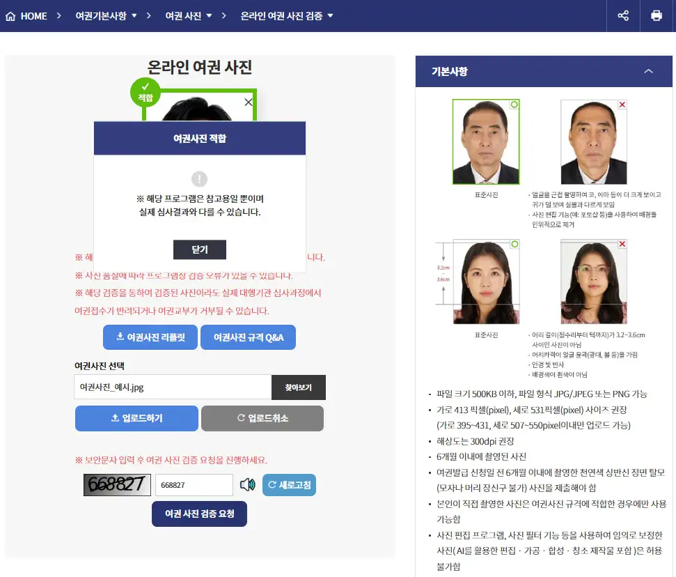 외교부 온라인 여권사진 검증에서 적합 결과가 표시된 화면